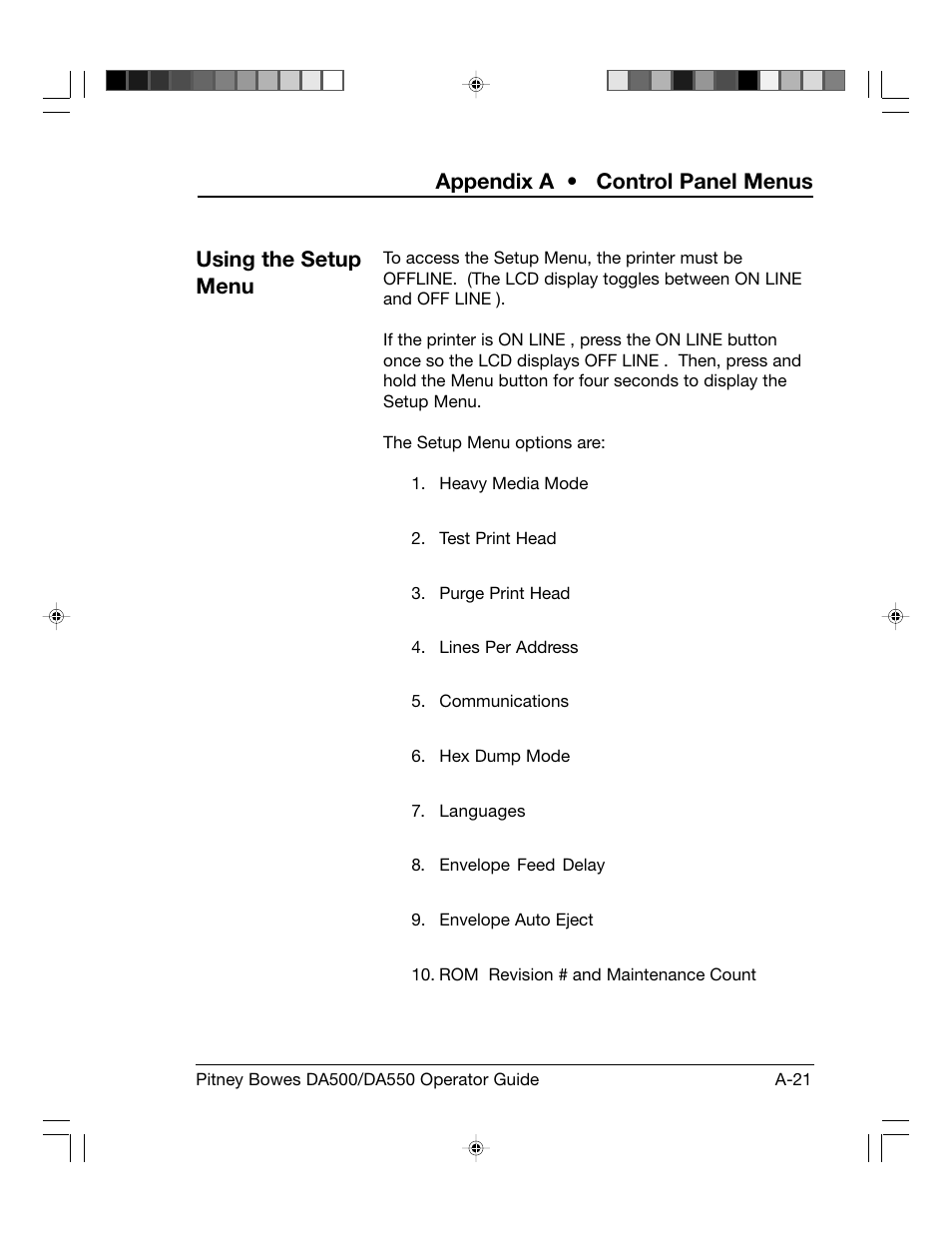 Appendix a • control panel menus, Using the setup menu | Pitney Bowes ADDRESSRIGHT DA550 User Manual | Page 101 / 135