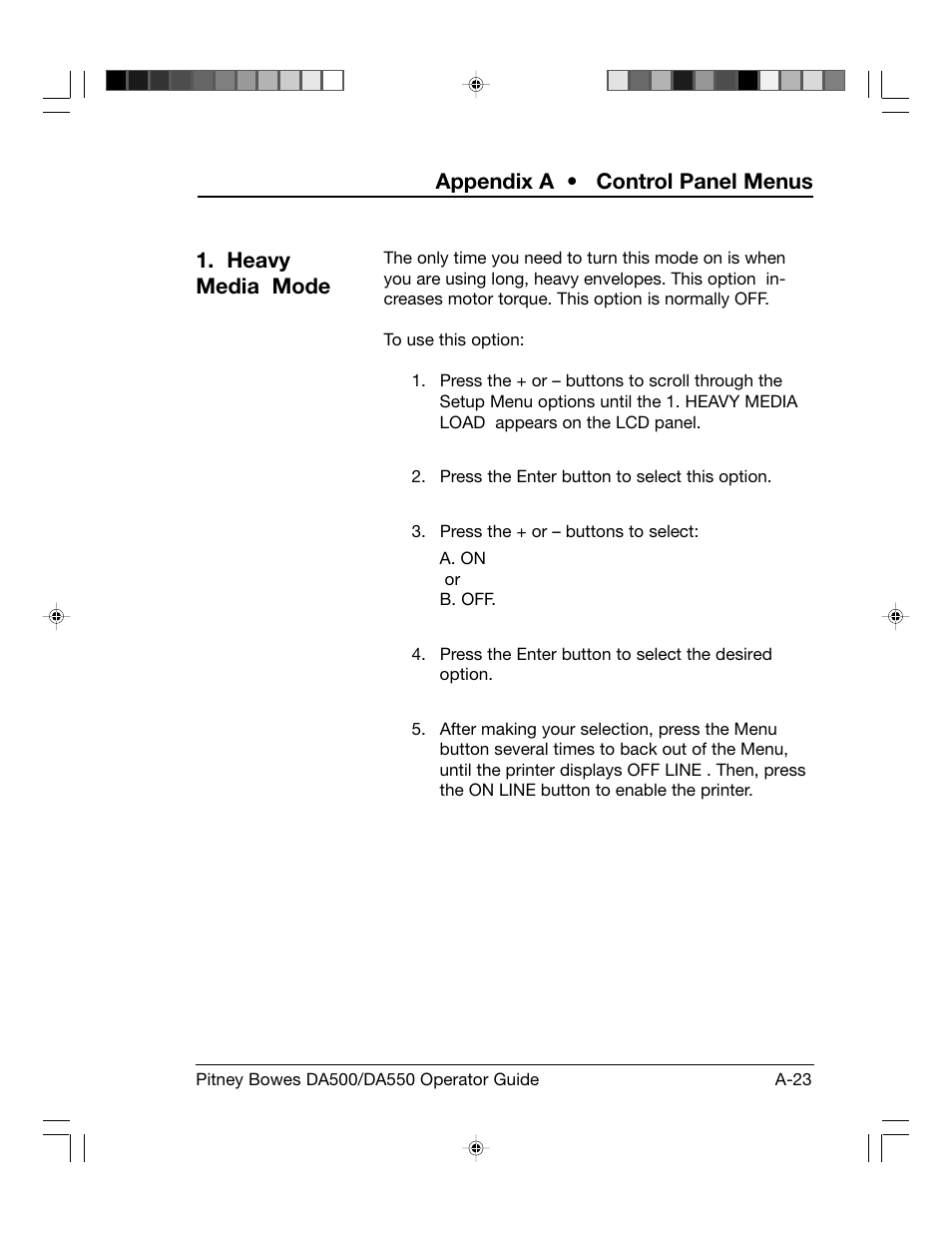 Appendix a • control panel menus, Heavy media mode | Pitney Bowes ADDRESSRIGHT DA550 User Manual | Page 103 / 135