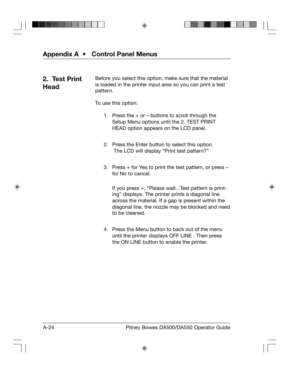 Appendix a • control panel menus, Test print head | Pitney Bowes ADDRESSRIGHT DA550 User Manual | Page 104 / 135