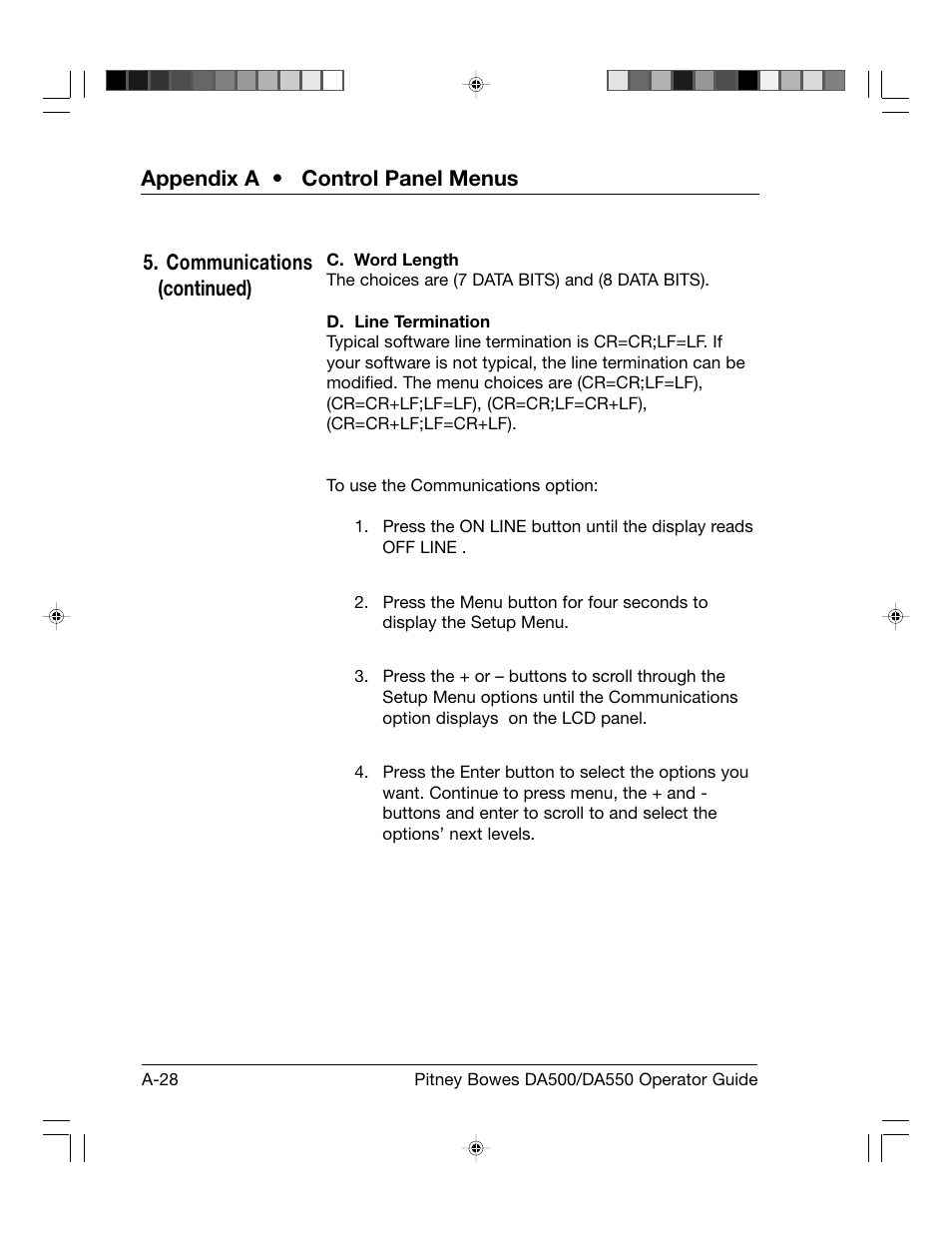 Appendix a • control panel menus, Communications (continued) | Pitney Bowes ADDRESSRIGHT DA550 User Manual | Page 108 / 135