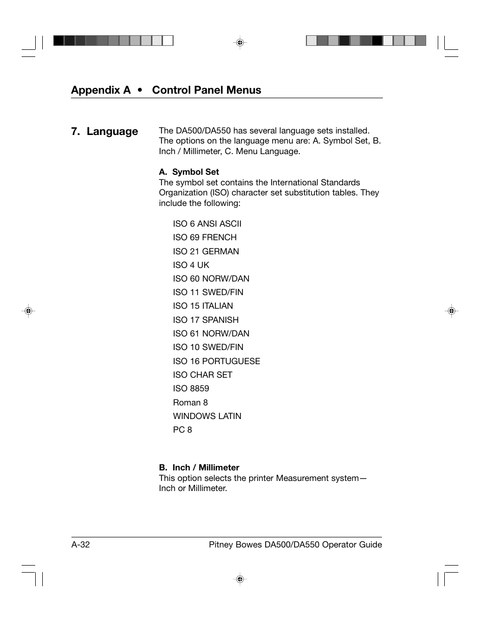 Appendix a • control panel menus, Language | Pitney Bowes ADDRESSRIGHT DA550 User Manual | Page 112 / 135