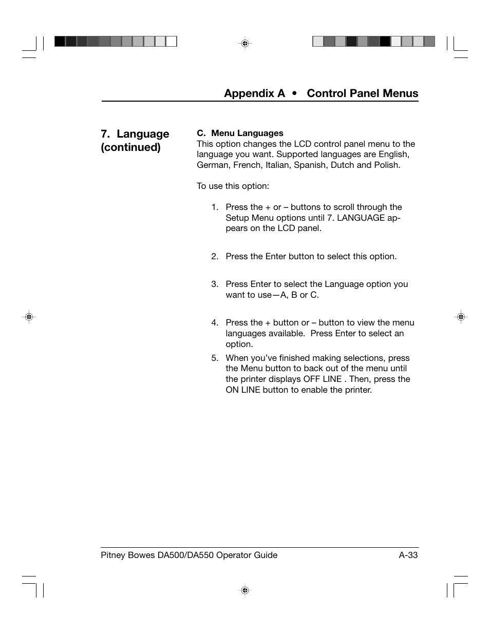 Appendix a • control panel menus, Language (continued) | Pitney Bowes ADDRESSRIGHT DA550 User Manual | Page 113 / 135