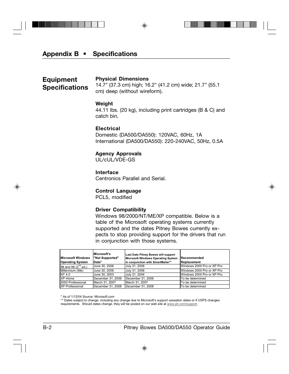 Appendix b • specifications, Equipment specifications | Pitney Bowes ADDRESSRIGHT DA550 User Manual | Page 118 / 135