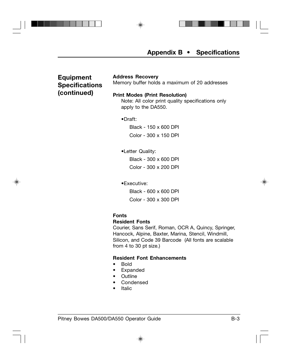 Appendix b • specifications, Equipment specifications (continued) | Pitney Bowes ADDRESSRIGHT DA550 User Manual | Page 119 / 135