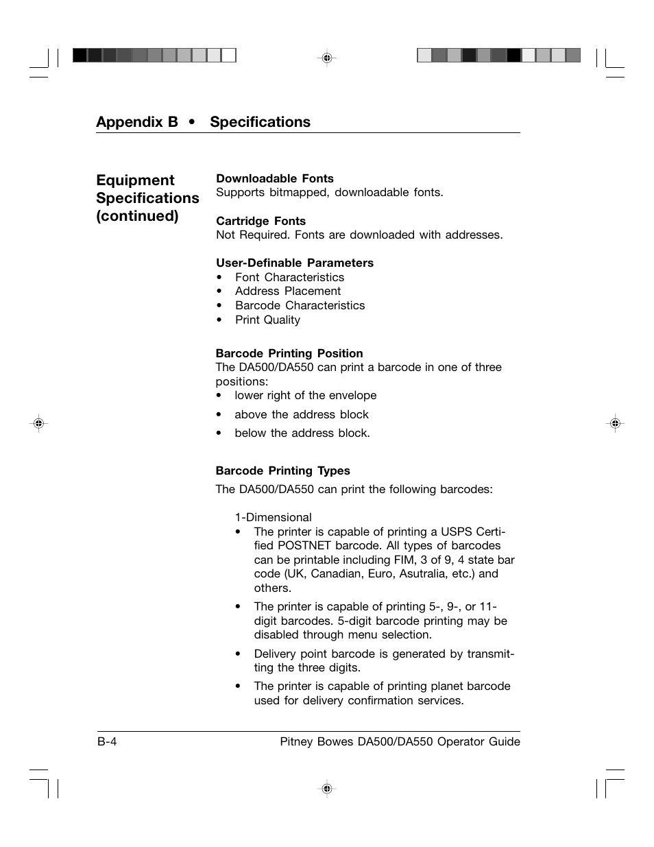 Appendix b • specifications, Equipment specifications (continued) | Pitney Bowes ADDRESSRIGHT DA550 User Manual | Page 120 / 135