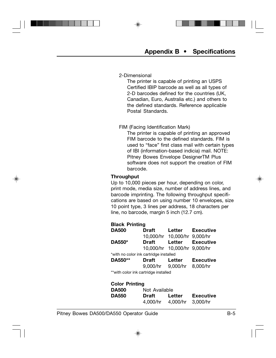 Appendix b • specifications | Pitney Bowes ADDRESSRIGHT DA550 User Manual | Page 121 / 135