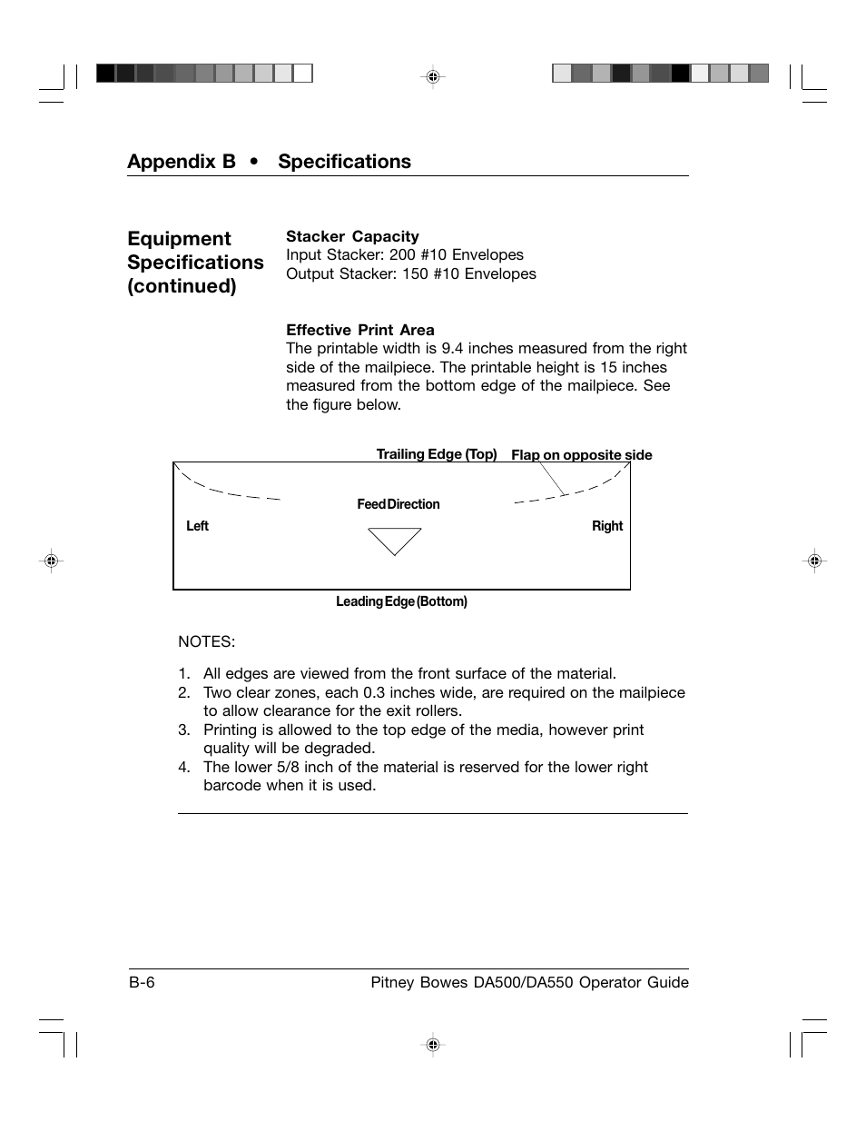 Appendix b • specifications, Equipment specifications (continued) | Pitney Bowes ADDRESSRIGHT DA550 User Manual | Page 122 / 135