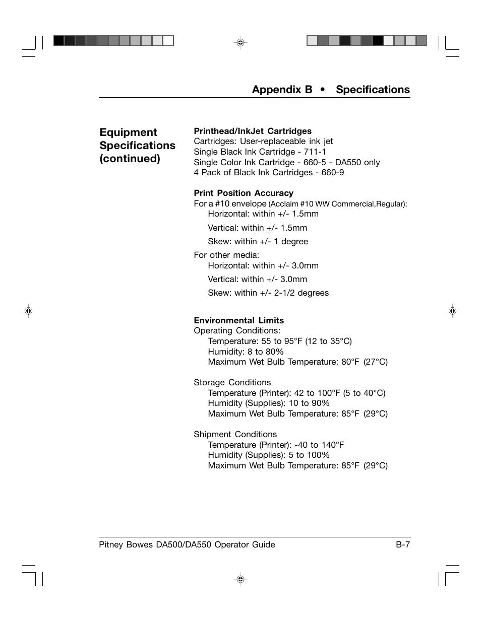 Appendix b • specifications, Equipment specifications (continued) | Pitney Bowes ADDRESSRIGHT DA550 User Manual | Page 123 / 135