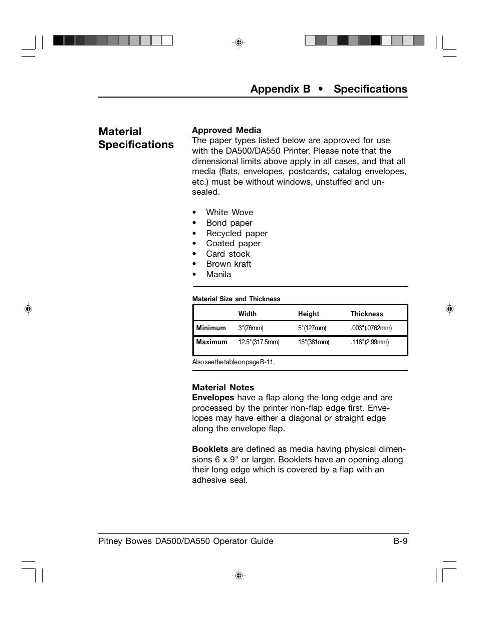 Appendix b • specifications, Material specifications | Pitney Bowes ADDRESSRIGHT DA550 User Manual | Page 125 / 135