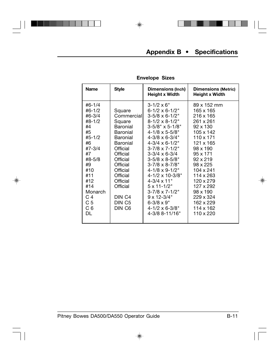 Appendix b • specifications | Pitney Bowes ADDRESSRIGHT DA550 User Manual | Page 127 / 135