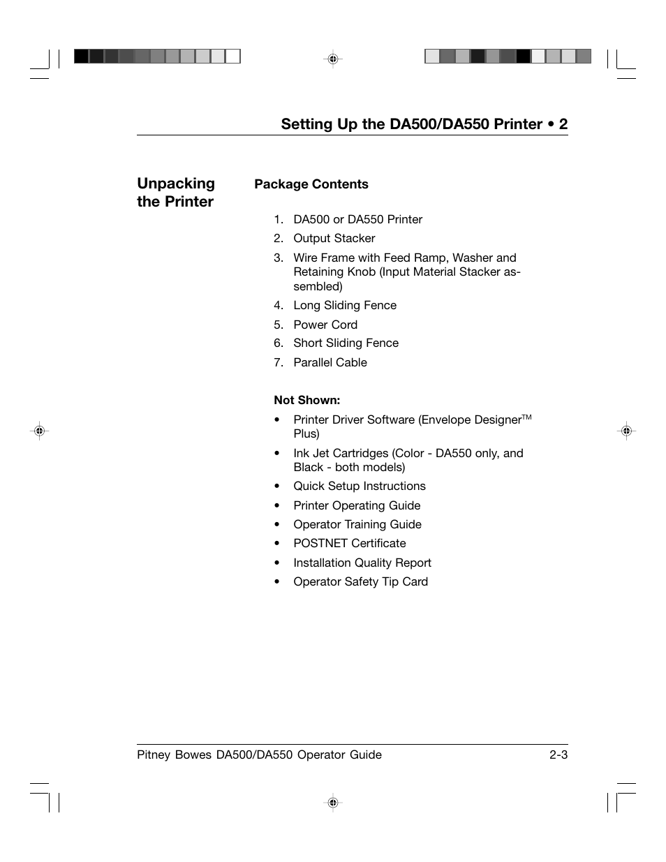 Unpacking the printer | Pitney Bowes ADDRESSRIGHT DA550 User Manual | Page 15 / 135