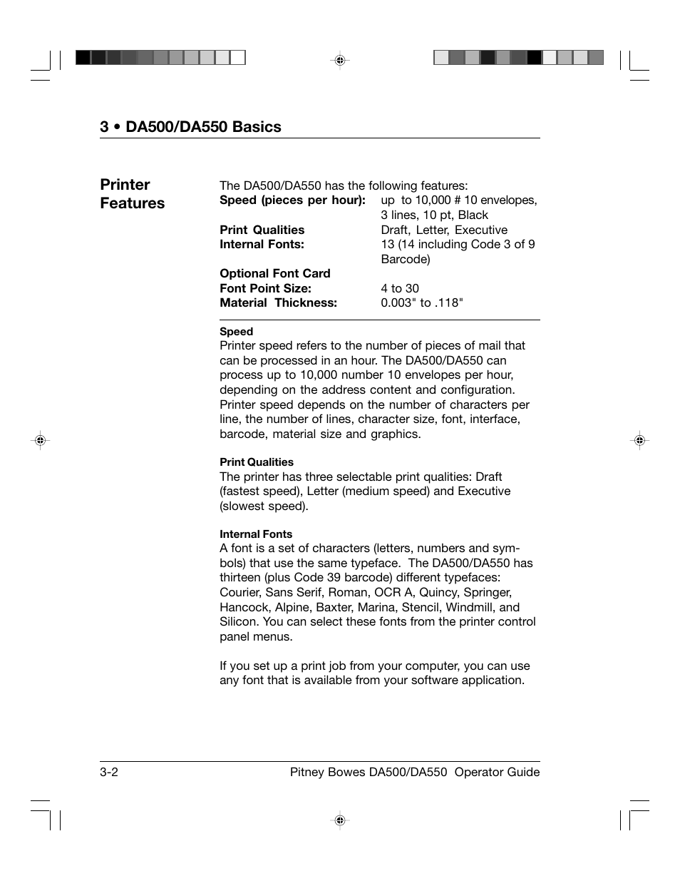 Printer features | Pitney Bowes ADDRESSRIGHT DA550 User Manual | Page 30 / 135