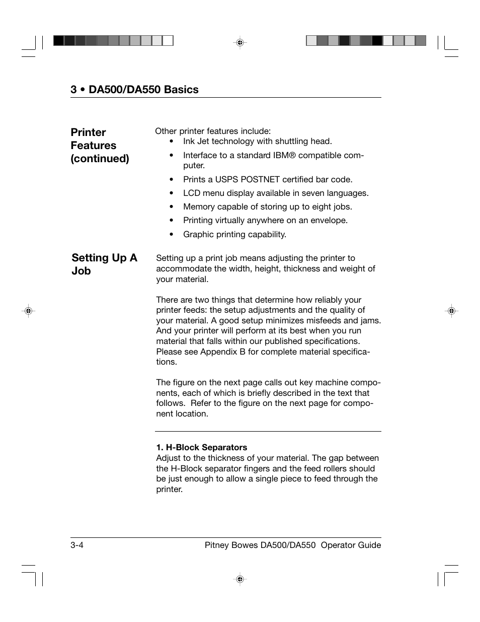 Setting up a job, Printer features (continued) | Pitney Bowes ADDRESSRIGHT DA550 User Manual | Page 32 / 135