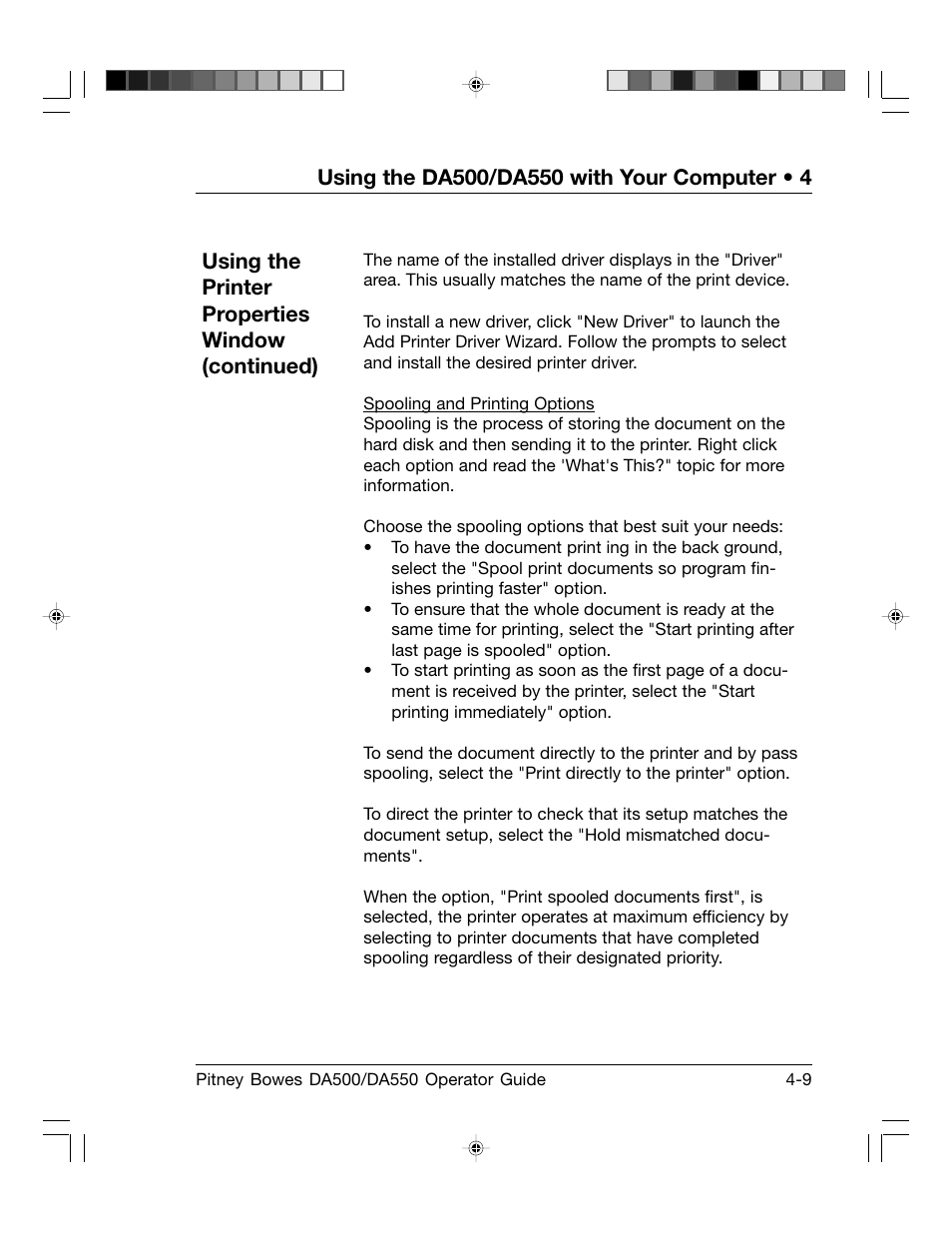 Using the printer properties window (continued) | Pitney Bowes ADDRESSRIGHT DA550 User Manual | Page 55 / 135