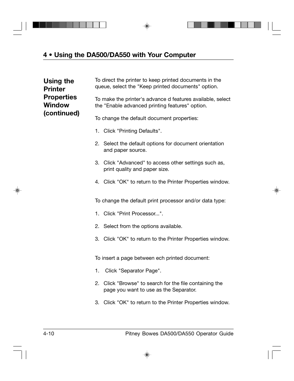 Using the printer properties window (continued) | Pitney Bowes ADDRESSRIGHT DA550 User Manual | Page 56 / 135