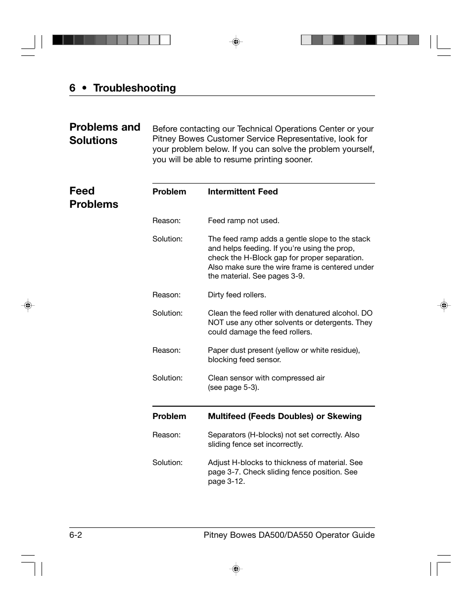 6 • troubleshooting problems and solutions, Feed problems | Pitney Bowes ADDRESSRIGHT DA550 User Manual | Page 74 / 135