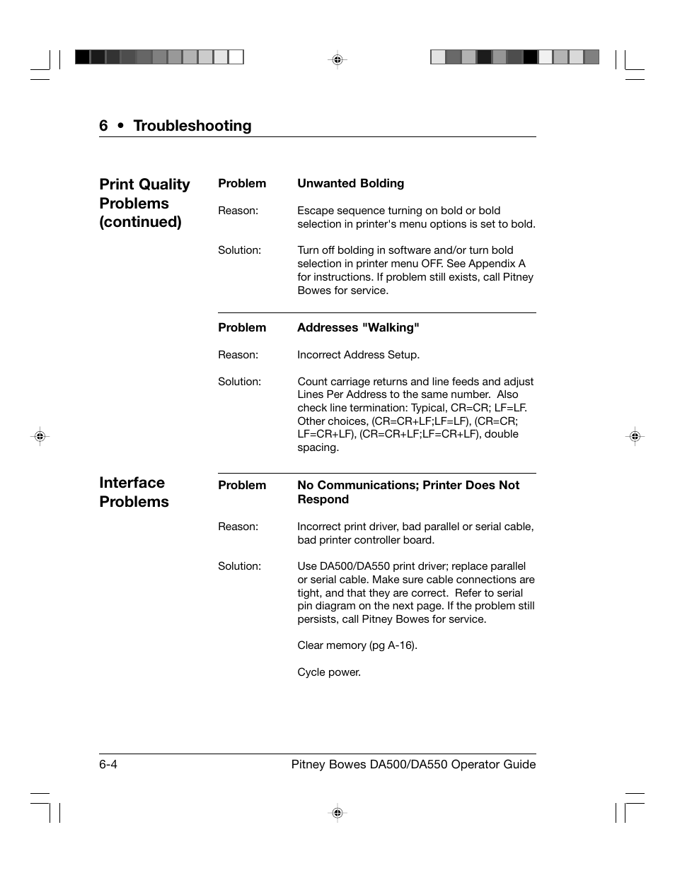 6 • troubleshooting | Pitney Bowes ADDRESSRIGHT DA550 User Manual | Page 76 / 135