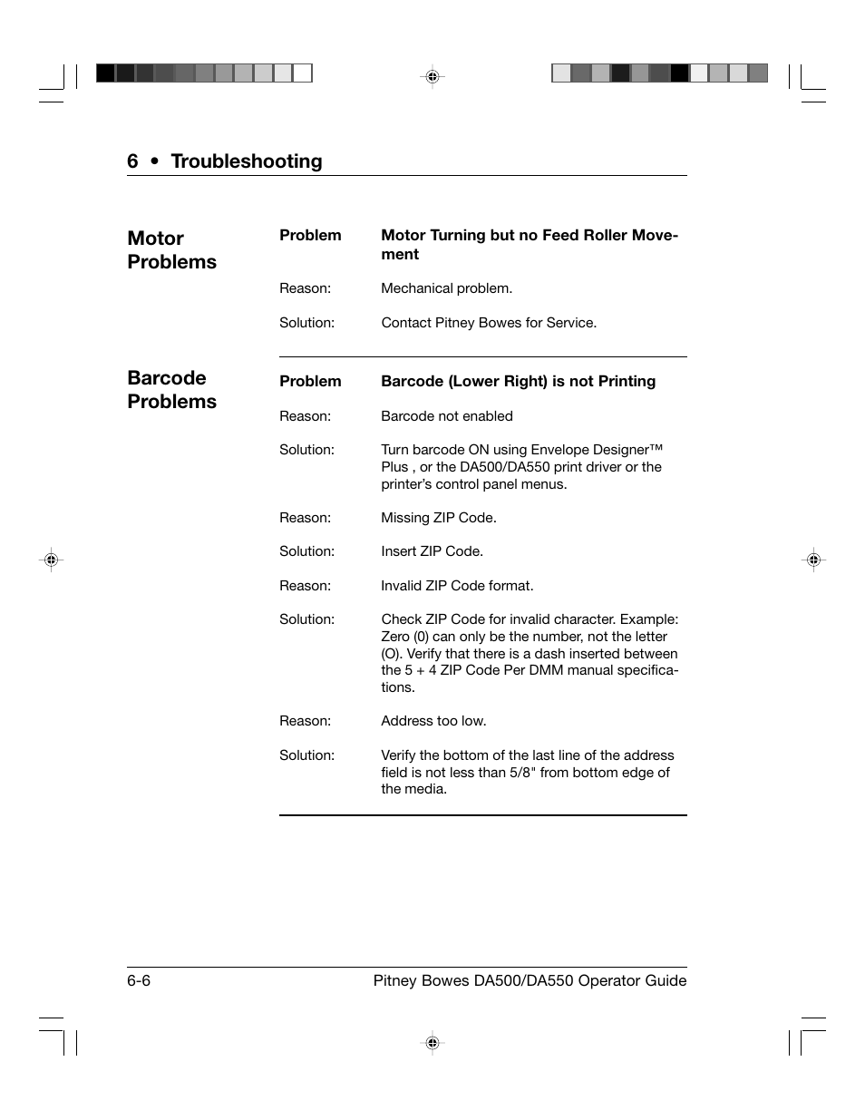 6 • troubleshooting, Barcode problems, Motor problems | Pitney Bowes ADDRESSRIGHT DA550 User Manual | Page 78 / 135