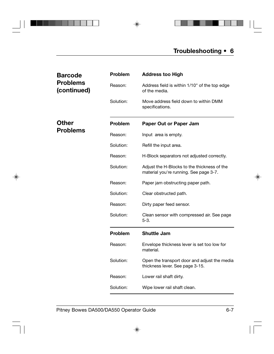 Troubleshooting • 6, Barcode problems (continued) other problems | Pitney Bowes ADDRESSRIGHT DA550 User Manual | Page 79 / 135