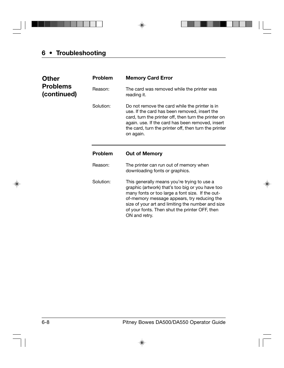 6 • troubleshooting, Other problems (continued) | Pitney Bowes ADDRESSRIGHT DA550 User Manual | Page 80 / 135