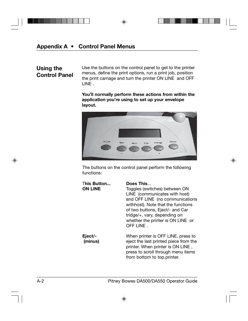 Appendix a • control panel menus, Using the control panel | Pitney Bowes ADDRESSRIGHT DA550 User Manual | Page 82 / 135