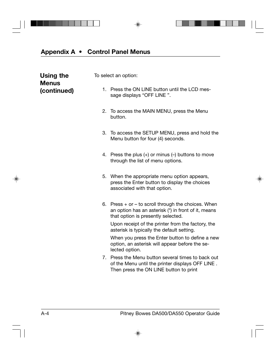 Appendix a • control panel menus, Using the menus (continued) | Pitney Bowes ADDRESSRIGHT DA550 User Manual | Page 84 / 135