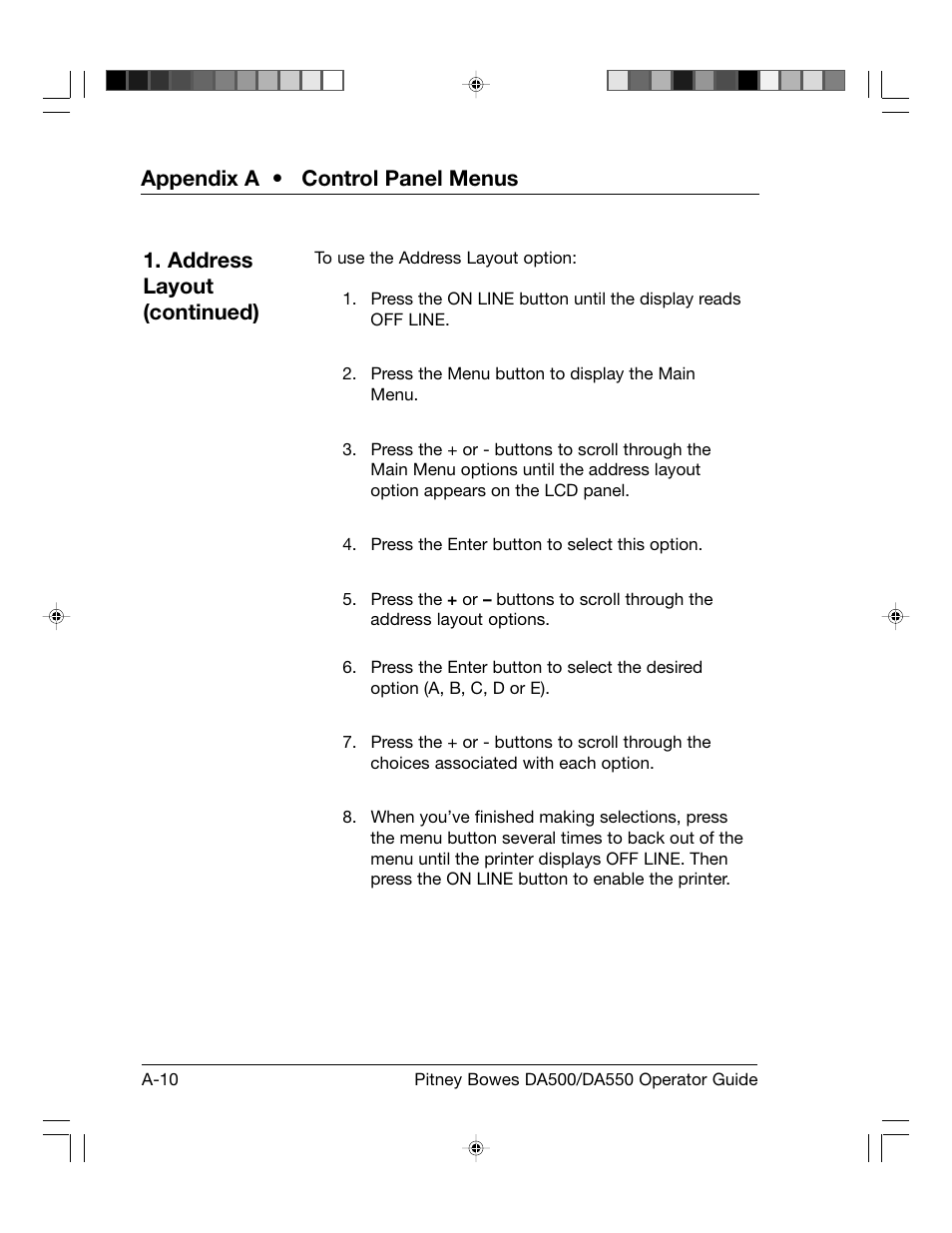 Appendix a • control panel menus, Address layout (continued) | Pitney Bowes ADDRESSRIGHT DA550 User Manual | Page 90 / 135