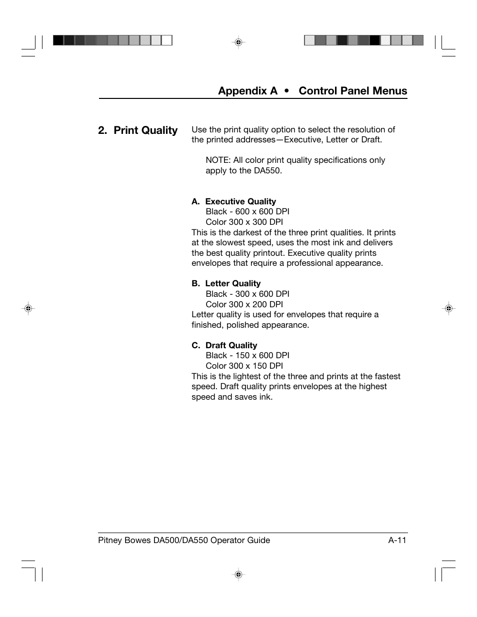 Appendix a • control panel menus, Print quality | Pitney Bowes ADDRESSRIGHT DA550 User Manual | Page 91 / 135