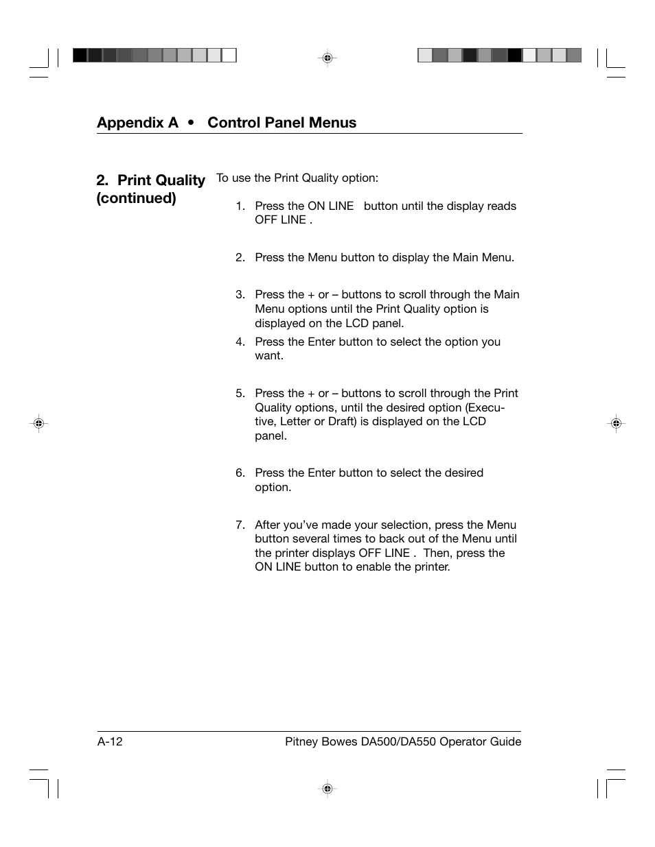 Appendix a • control panel menus, Print quality (continued) | Pitney Bowes ADDRESSRIGHT DA550 User Manual | Page 92 / 135