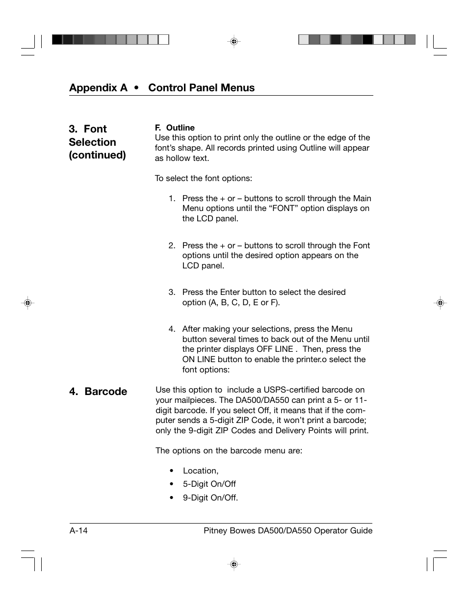 Appendix a • control panel menus, Barcode, Font selection (continued) | Pitney Bowes ADDRESSRIGHT DA550 User Manual | Page 94 / 135