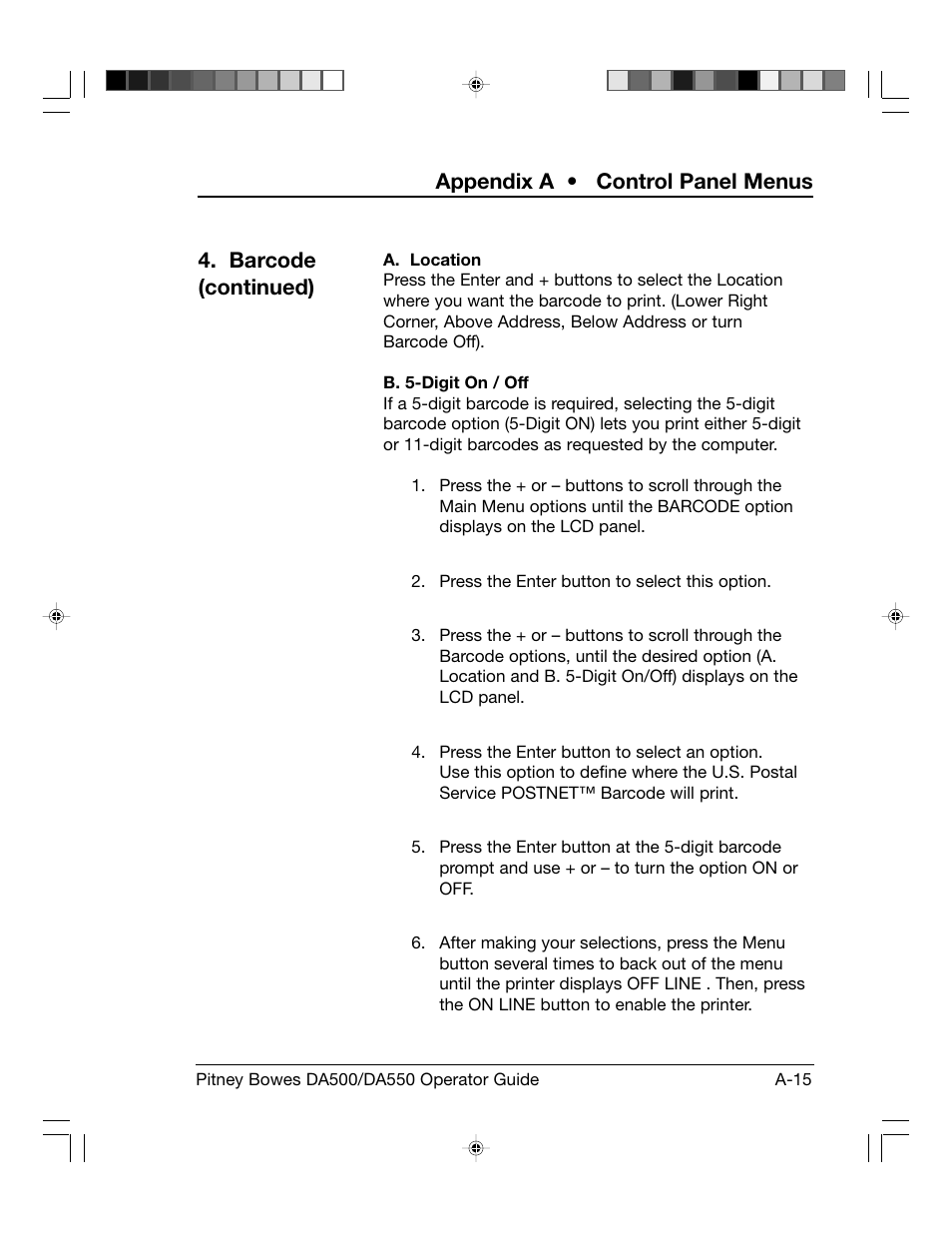 Appendix a • control panel menus, Barcode (continued) | Pitney Bowes ADDRESSRIGHT DA550 User Manual | Page 95 / 135