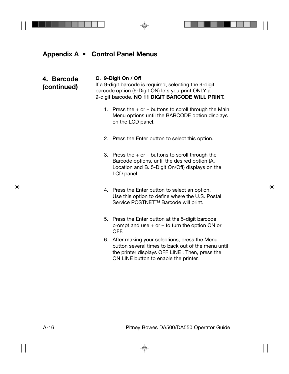 Appendix a • control panel menus, Barcode (continued) | Pitney Bowes ADDRESSRIGHT DA550 User Manual | Page 96 / 135