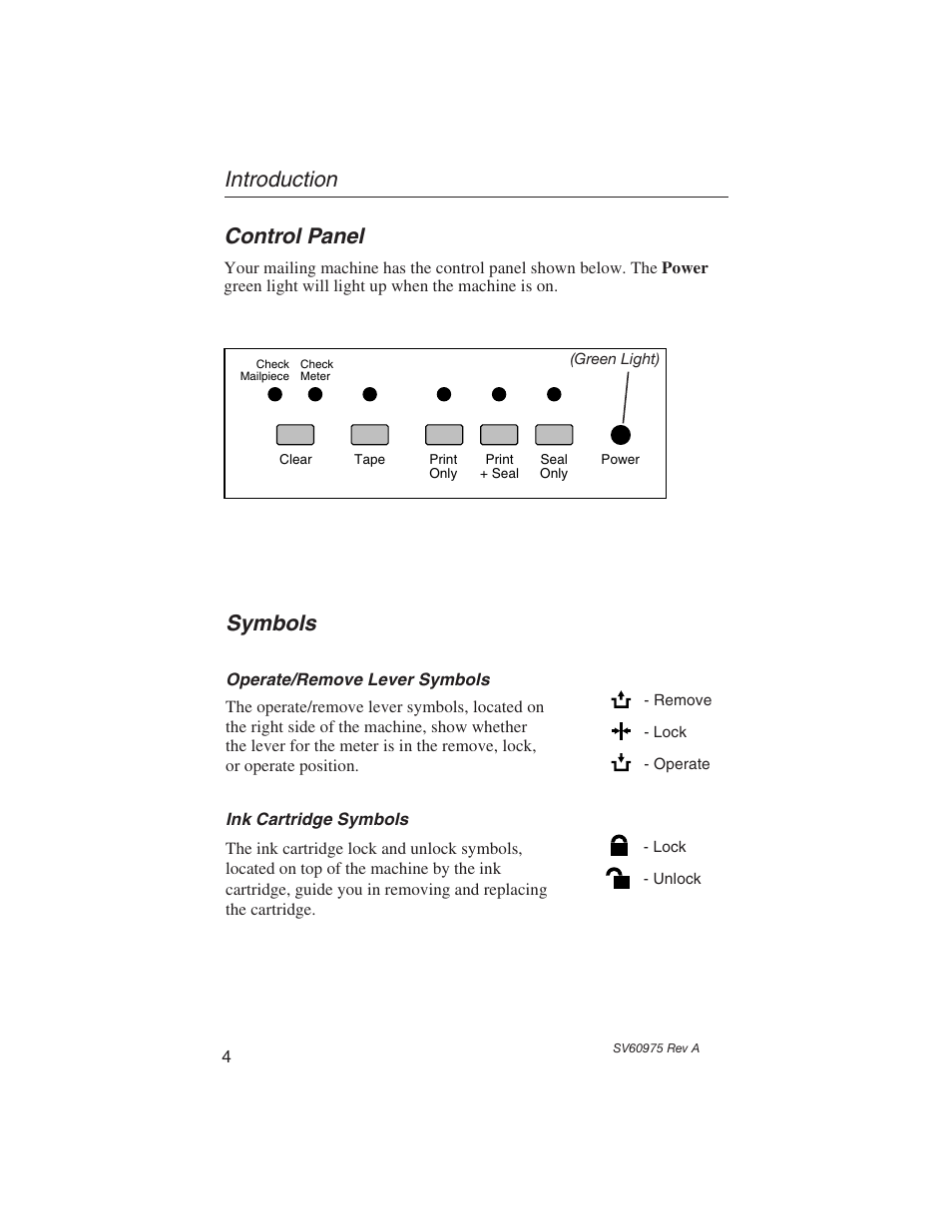 Introduction control panel, Symbols | Pitney Bowes E589 User Manual | Page 10 / 32