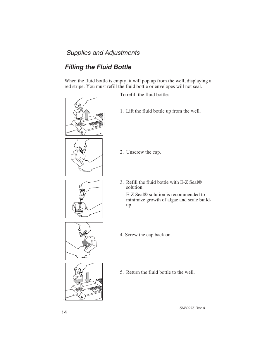 Supplies and adjustments filling the fluid bottle | Pitney Bowes E589 User Manual | Page 20 / 32