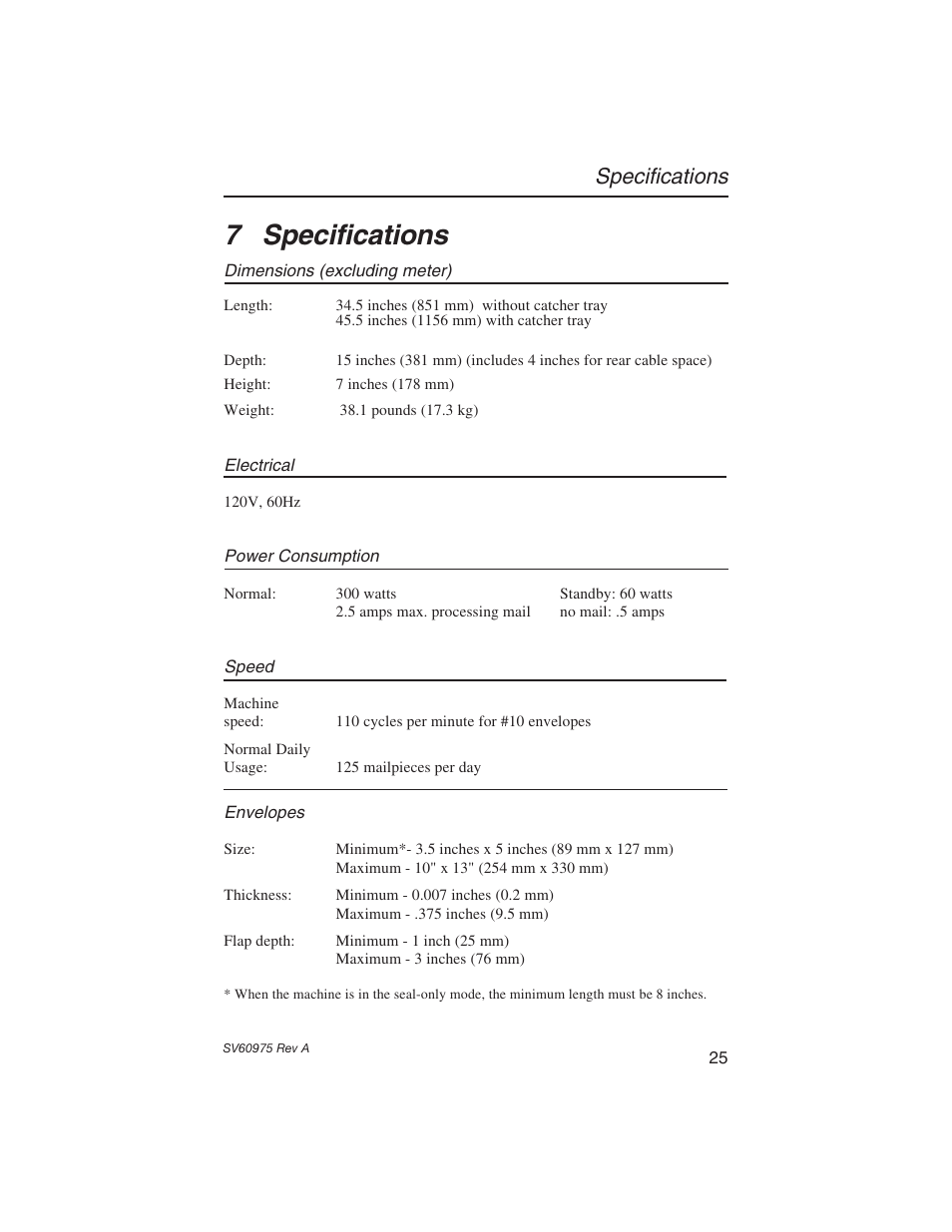 7 specifications, Specifications | Pitney Bowes E589 User Manual | Page 31 / 32