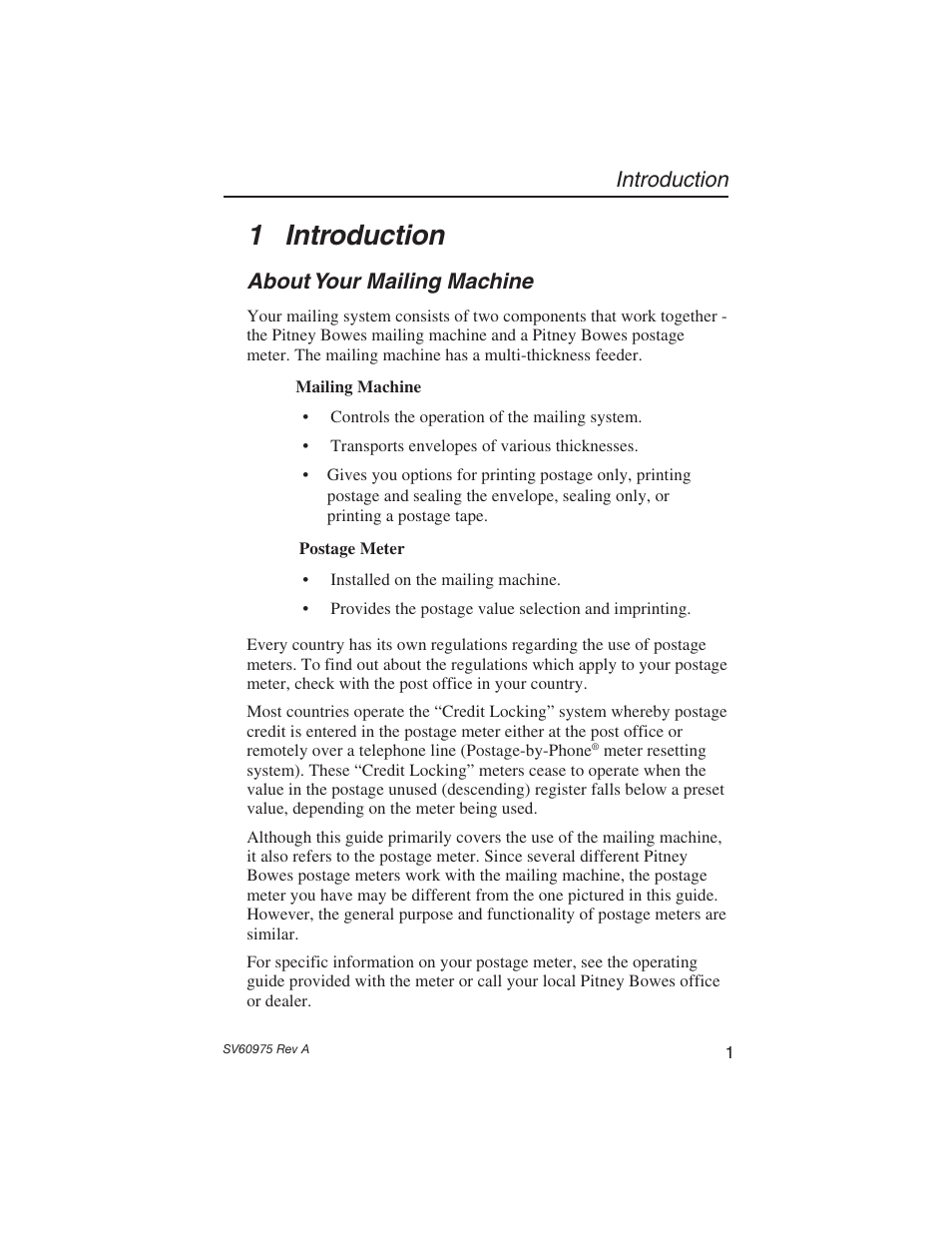 1 introduction, Introduction, About your mailing machine | Pitney Bowes E589 User Manual | Page 7 / 32