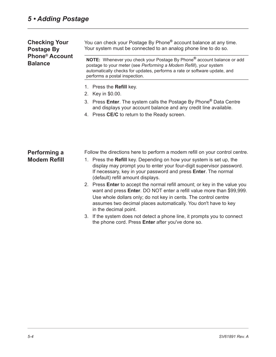 Checking your postage by phone® account balance, Performing a modem refill, 5 • adding postage | Checking your postage by phone, Account balance | Pitney Bowes DM230L User Manual | Page 101 / 158