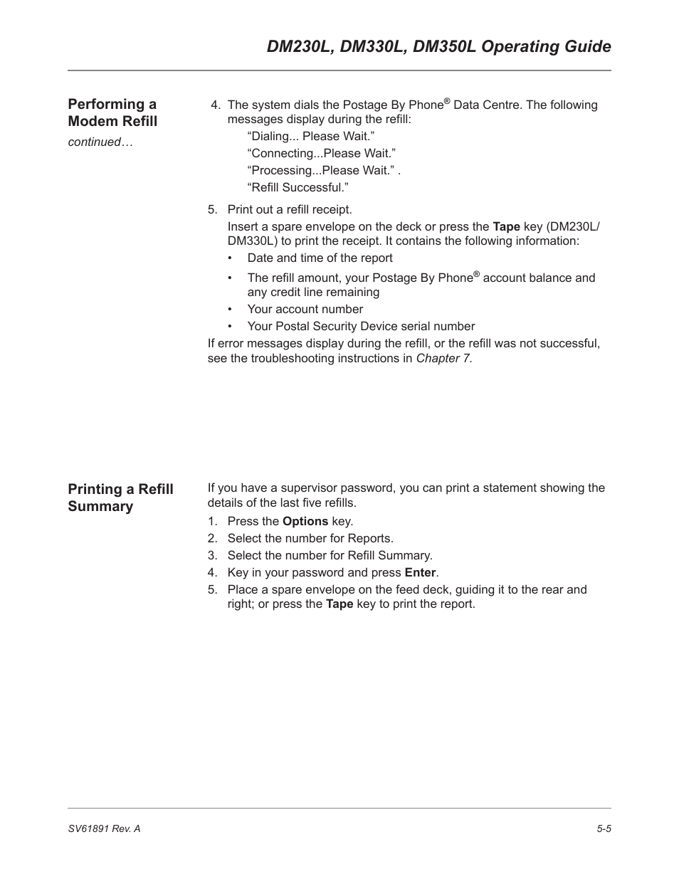 Printing a refill summary | Pitney Bowes DM230L User Manual | Page 102 / 158