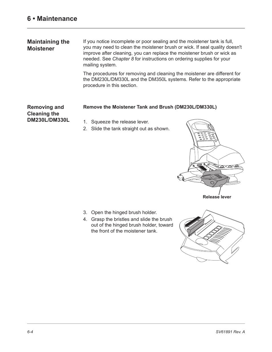 Maintaining the moistener, Removing and cleaning the dm230l/dm330l, 6 • maintenance | Pitney Bowes DM230L User Manual | Page 107 / 158