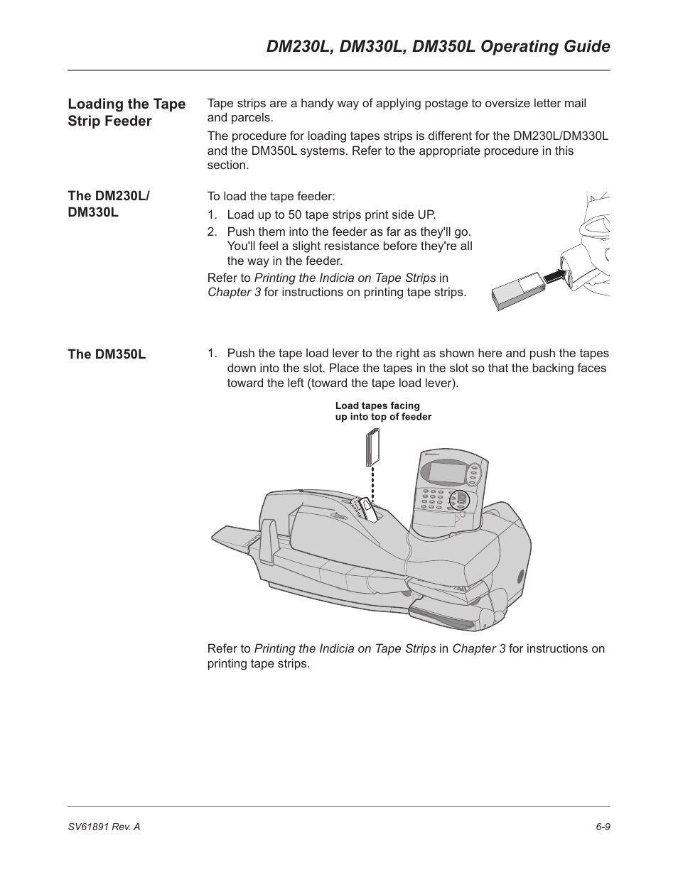 Loading the tape strip feeder, The dm230l/dm330l, The dm350l | Pitney Bowes DM230L User Manual | Page 112 / 158