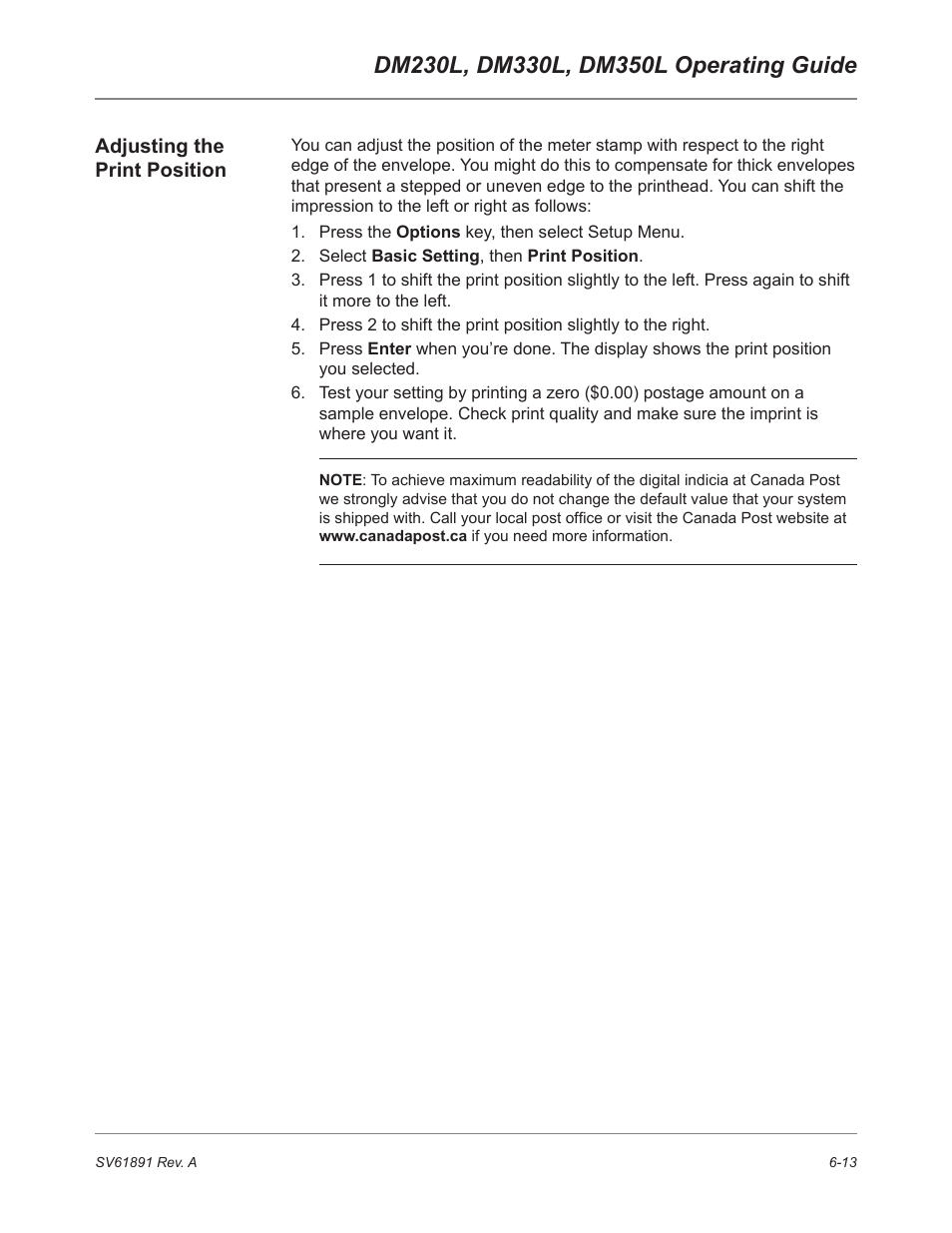 Adjusting the print position | Pitney Bowes DM230L User Manual | Page 116 / 158
