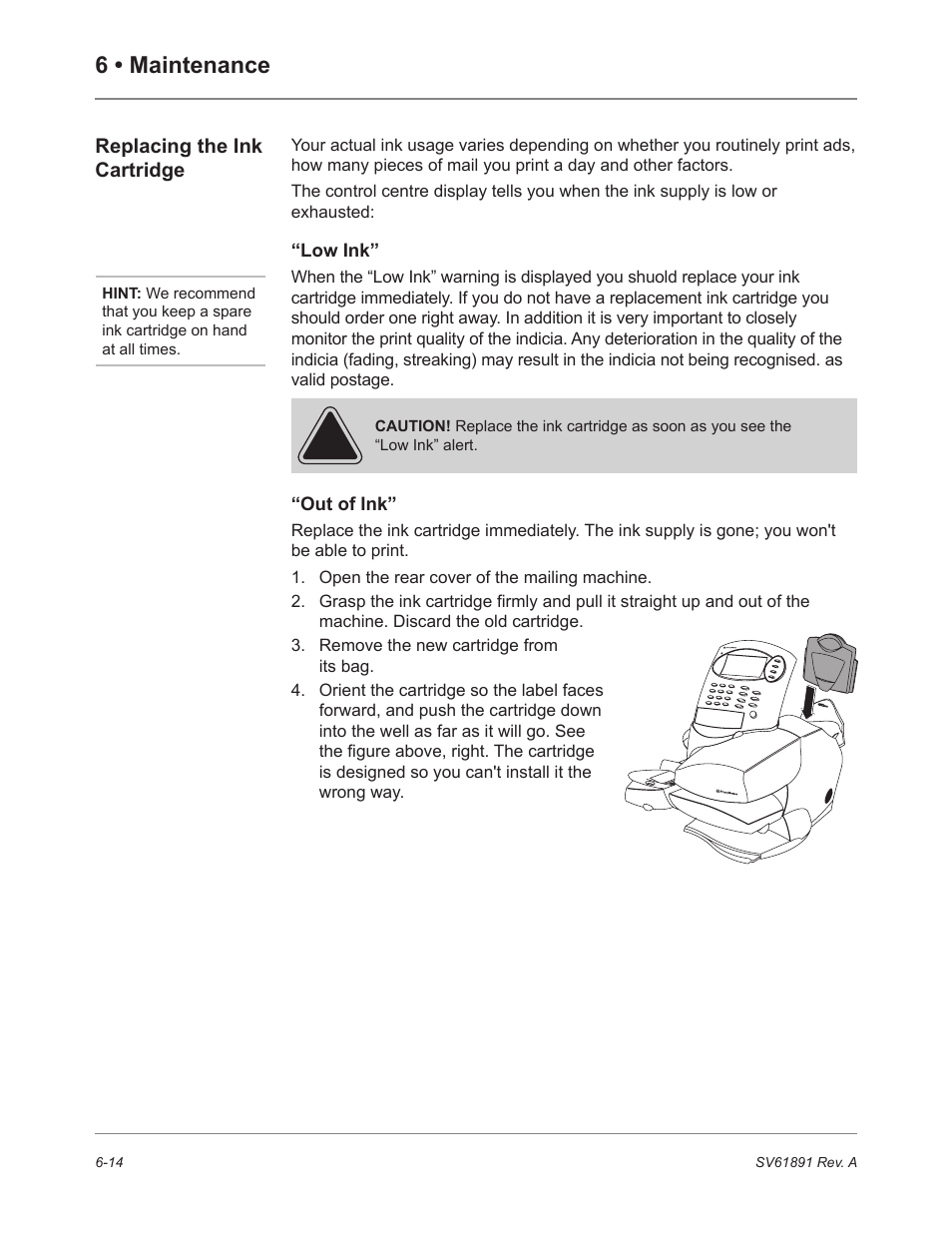 Replacing the ink cartridge, Low ink, Out of ink | 6 • maintenance | Pitney Bowes DM230L User Manual | Page 117 / 158