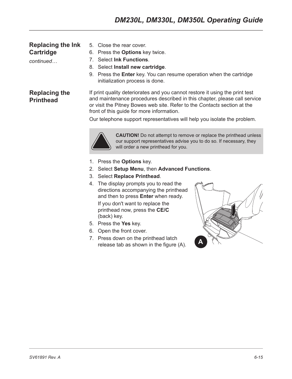 Replacing the printhead | Pitney Bowes DM230L User Manual | Page 118 / 158
