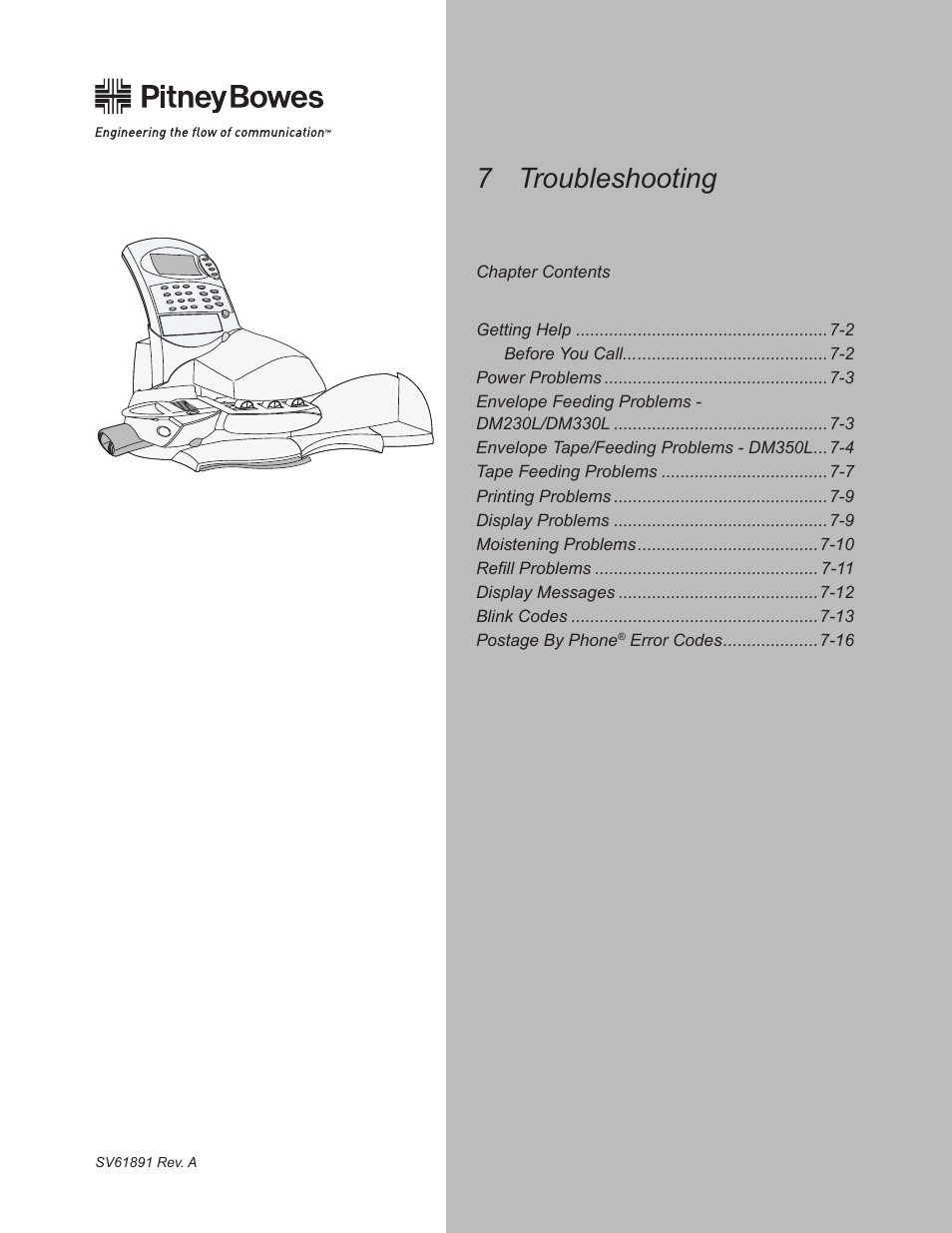 Chapter 7–troubleshooting, 7 troubleshooting | Pitney Bowes DM230L User Manual | Page 120 / 158