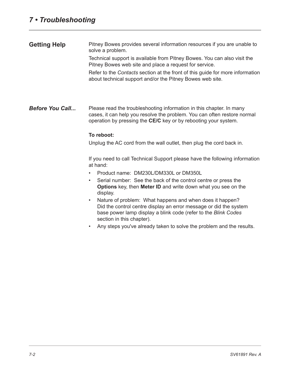 Getting help, Before you call, 7 • troubleshooting | Pitney Bowes DM230L User Manual | Page 121 / 158