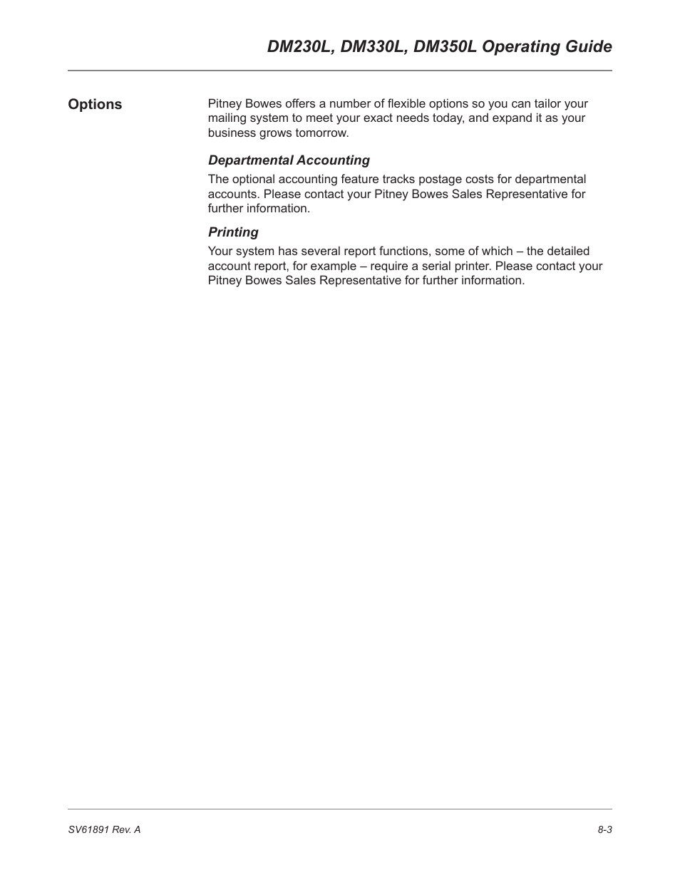 Options, Departmental accounting, Printing | Pitney Bowes DM230L User Manual | Page 138 / 158