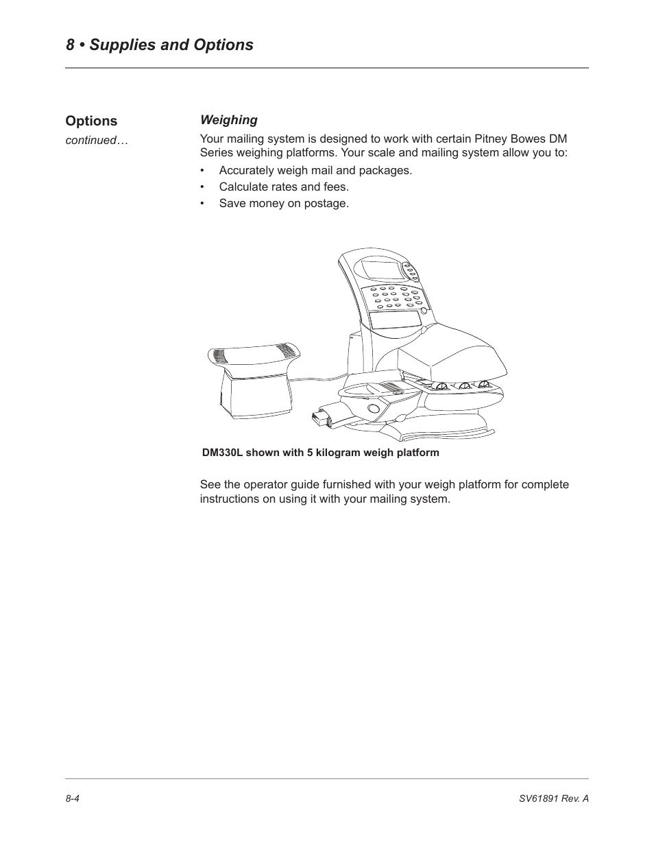 Weighing, 8 • supplies and options | Pitney Bowes DM230L User Manual | Page 139 / 158