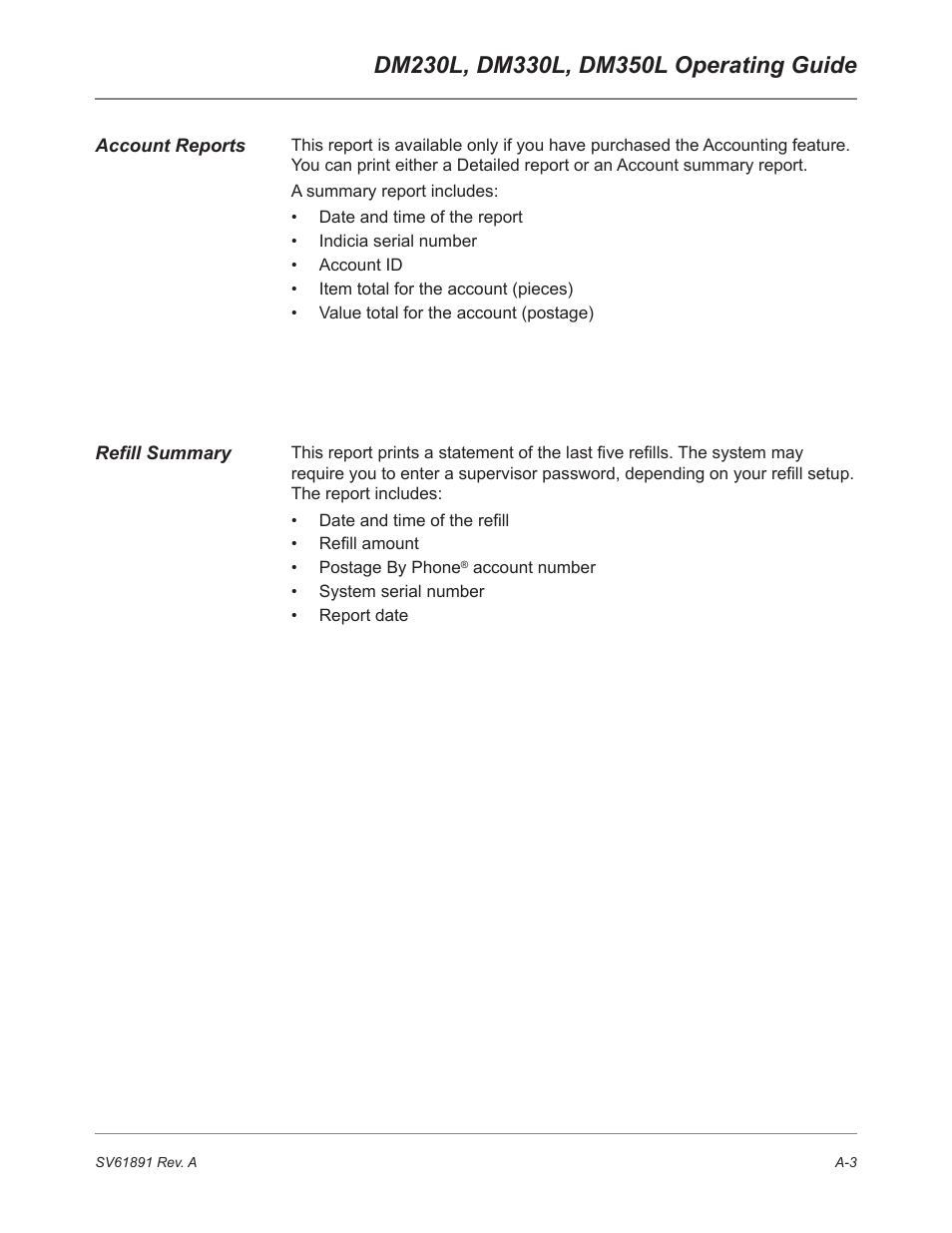 Account reports, Refill summary | Pitney Bowes DM230L User Manual | Page 142 / 158