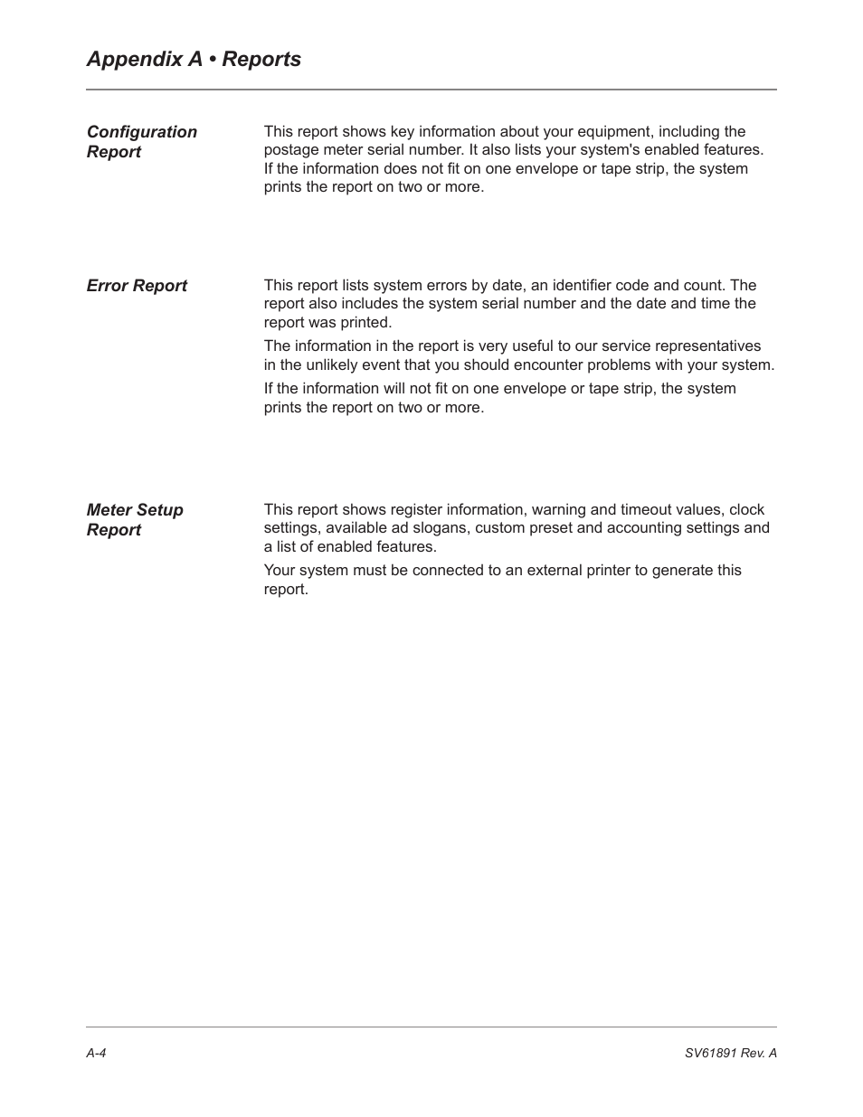 Configuration report, Error report, Meter setup report | Appendix a • reports | Pitney Bowes DM230L User Manual | Page 143 / 158