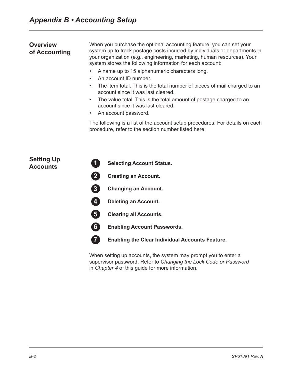 Overview of accounting, Setting up accounts, Appendix b • accounting setup | Pitney Bowes DM230L User Manual | Page 145 / 158